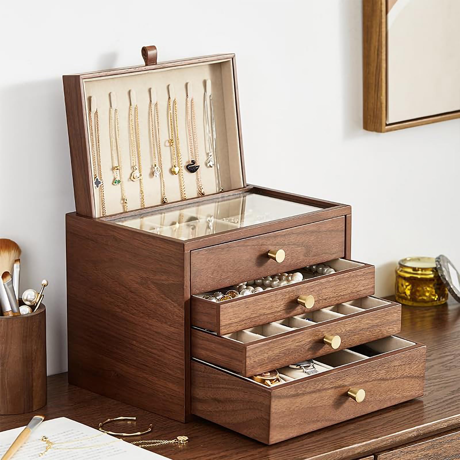 Photo 1 of Homruilink Black Walnut Wooden Jewelry Box for Women 4 Layer with Glass Lid and Pull-out Necklace Storage Layer Watch Necklace Ring Earring Storage Gifts for Mom