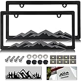 NJNYLLC Mountain License Plate Frames - Plastic Car Tag Holders with Raised Mountain Design, Gray on Black, 2 Pack 2 Hole with Screws & Caps, Mountain Vinyl Sticker Included