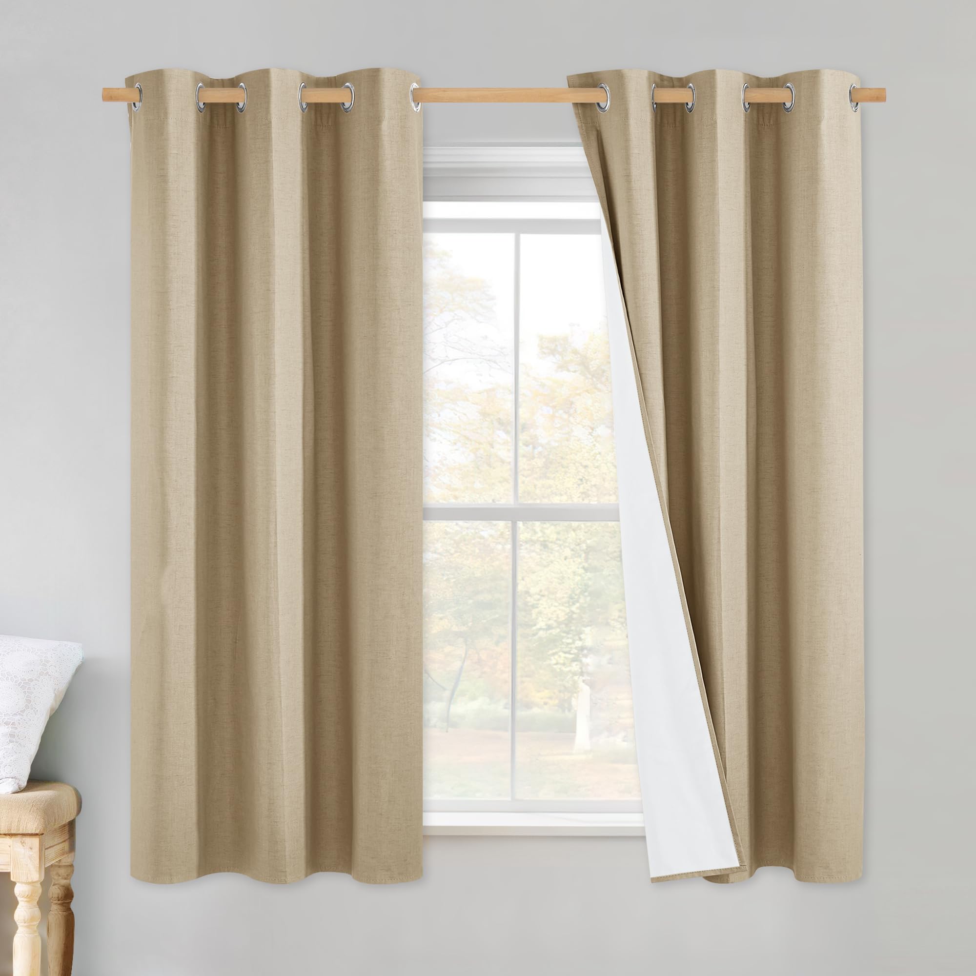NICETOWN 100% Absolutely Blackout Linen Curtains with Thermal Insulated White Liner, Camel, 42" Wide by 45" Long, 2 Pieces, Linen Blend Window Drapes Privacy Window Treatments for Bedroom/Kids Room Image