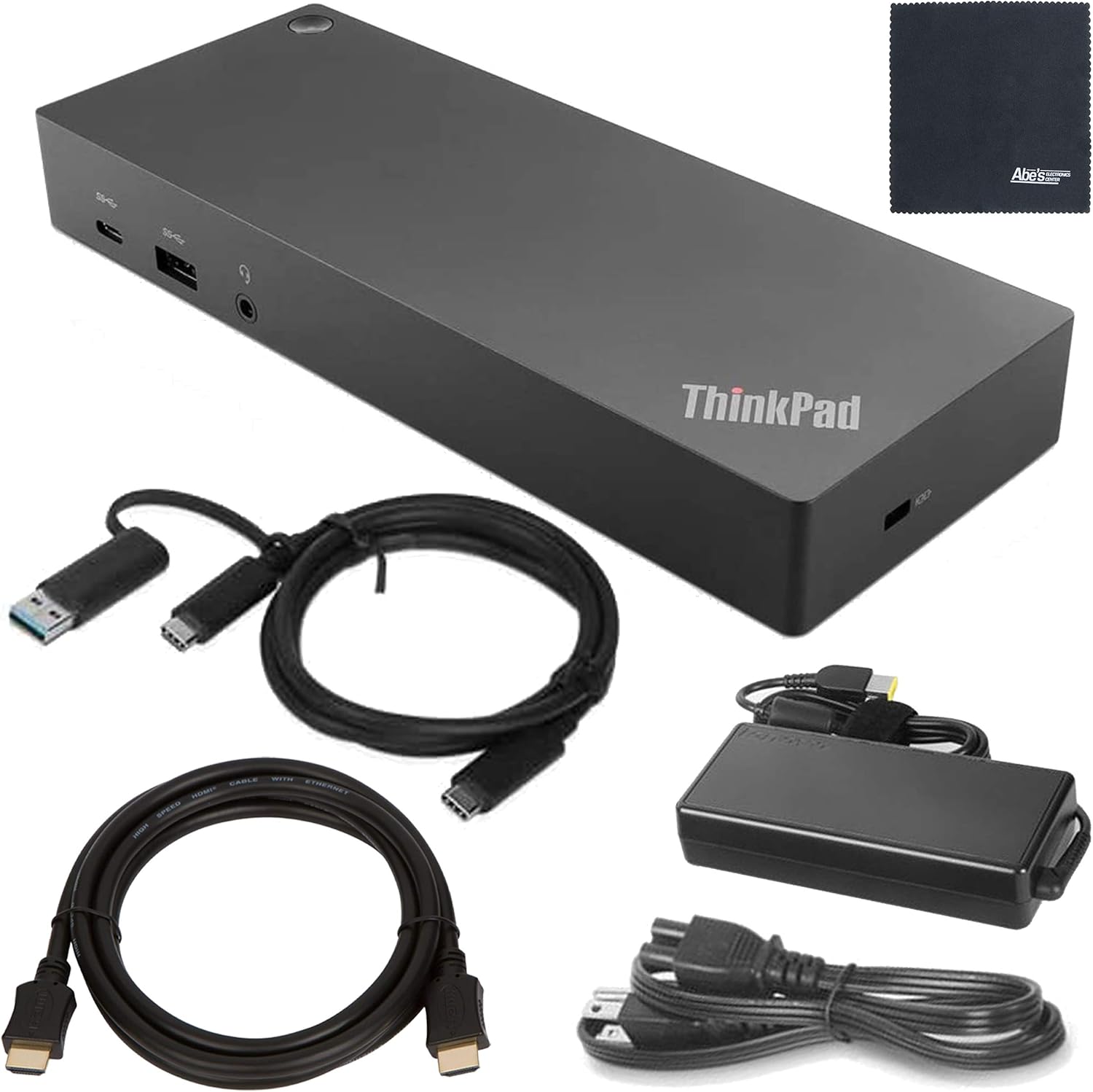 Lenovo ThinkPad Hybrid USB-C with USB-A Dock US (40AF0135US) with USB Type-A Adapter + ZoomSpeed HDMI Cable (with Ethernet) + AOM Starter Bundle