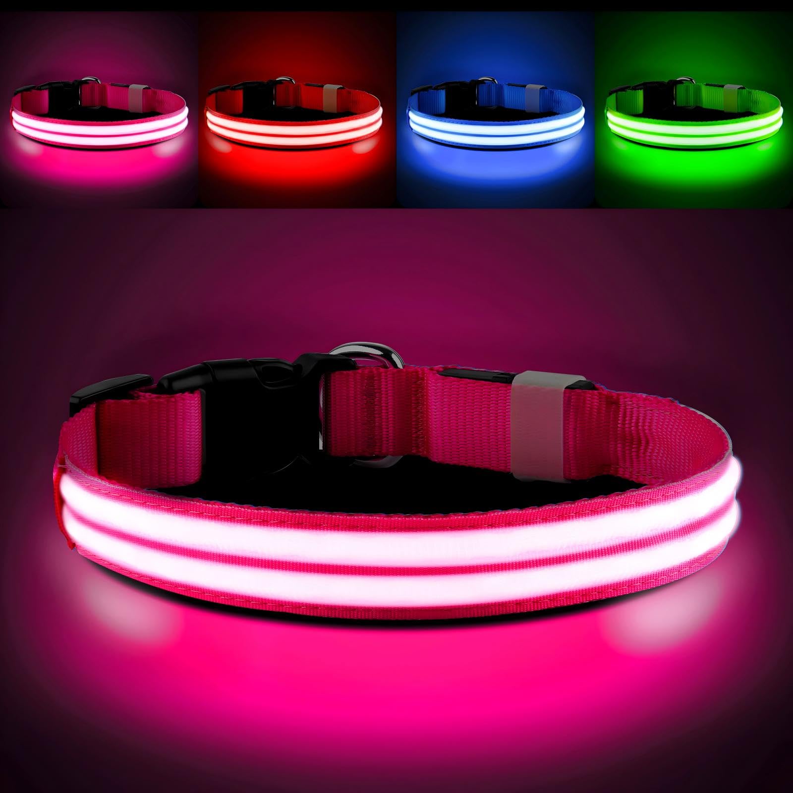 PcEoTllar Light Up Dog Collar - Rechargeable, Waterproof, Adjustable LED Collar for Night - Flashing, Glowing for Small Medium Large Dogs - Pink-M