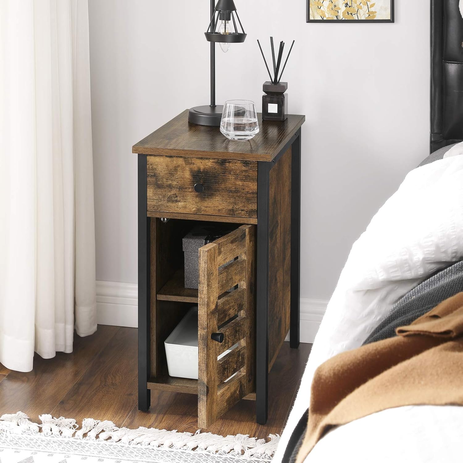 VASAGLE Narrow Side Table, End Table with Drawer, Shutter Door, Nightstand for Small Spaces, Living Room, Industrial Style, Rustic Brown and Black ULET066B01: Kitchen & Dining