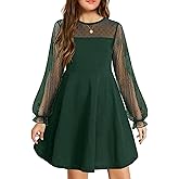 Arshiner Girl's Contrast Mesh Puff Long Sleeve High Waist A Line Short Dress with Pockets for 6-13 Years