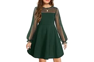 Arshiner Girl's Contrast Mesh Puff Long Sleeve High Waist A Line Short Dress with Pockets for 6-13 Years