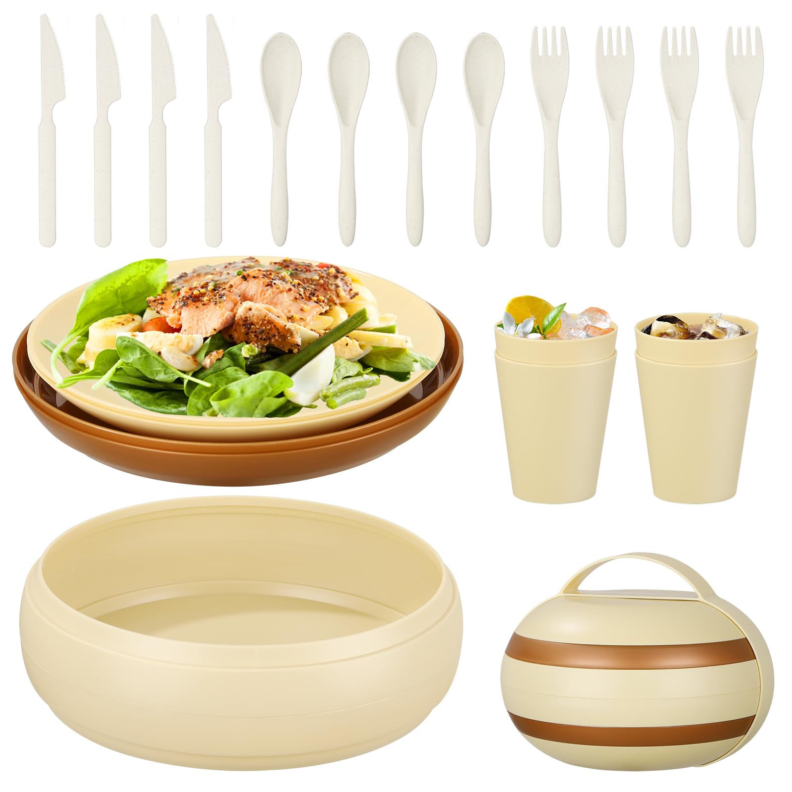 Chuboir 21 Piece Camping Plates and Bowls Set for 4 People, Picnic Tableware with Plates, Bowls, Cups and Cutlery Set, Portable Plate Set for Picnic Hiking Travel or Backpacking