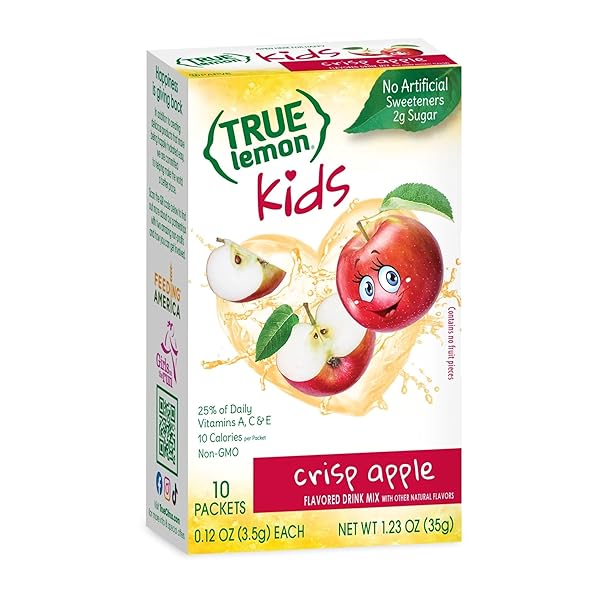 TRUE LEMON KIDS CRISP APPLE (10 PACKETS) – HYDRATION, NO PRESERVATIVES, NO ARTIFICIAL FLAVORS, NO SWEETENERS – LOW SUGAR WATER FLAVORING – JUICE POWDERED DRINK MIX FOR KIDS