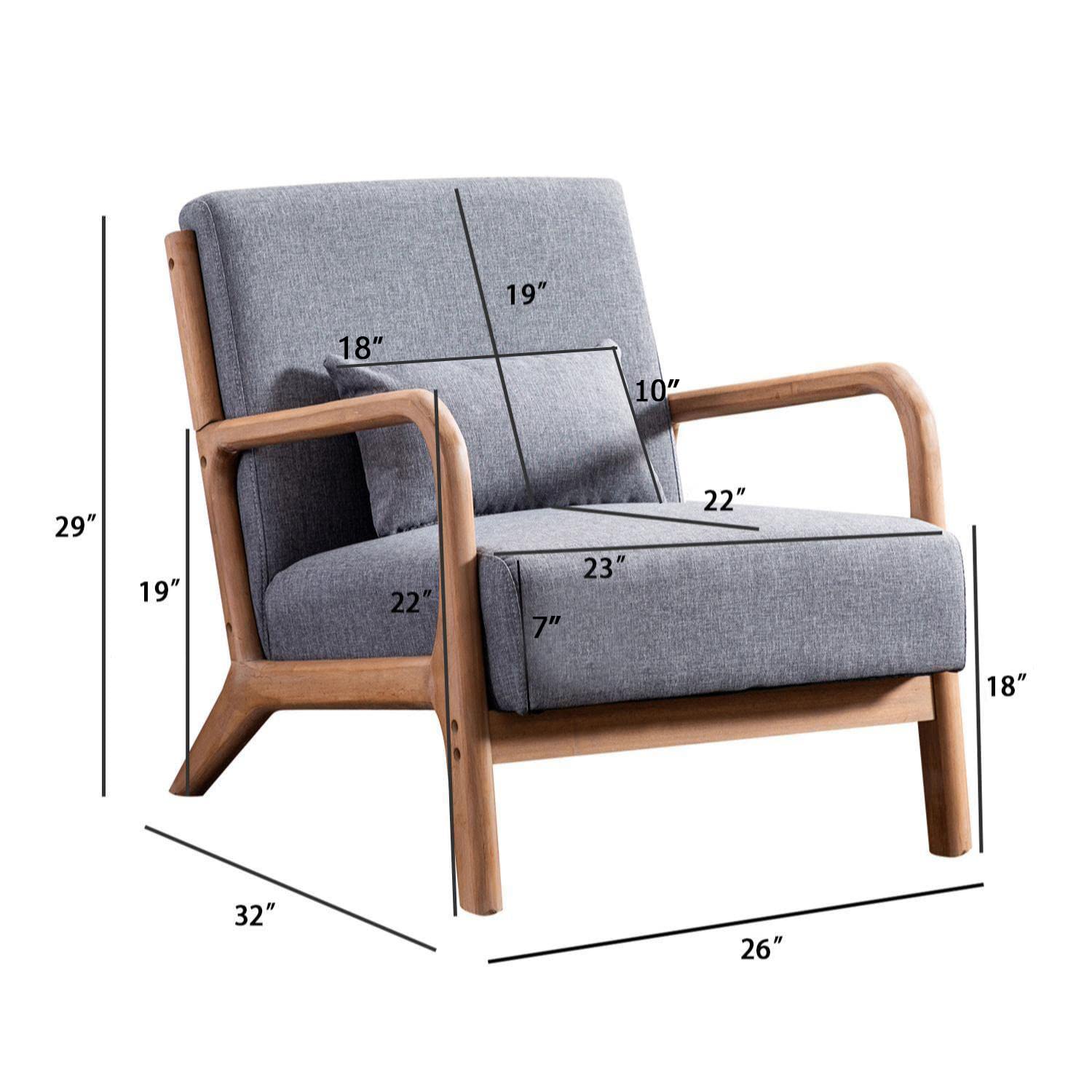 INZOY Mid Century Modern Accent Chair with Wood Frame, Upholstered Living Room Chairs with Waist Cushion, Reading Armchair for Bedroom Sunroom (Dark Grey)