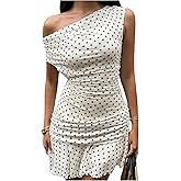 Floerns Women's Polka Dots Mini Dresses Off The Shoulder Ruched Asymmetrical Ruffle Short Dress