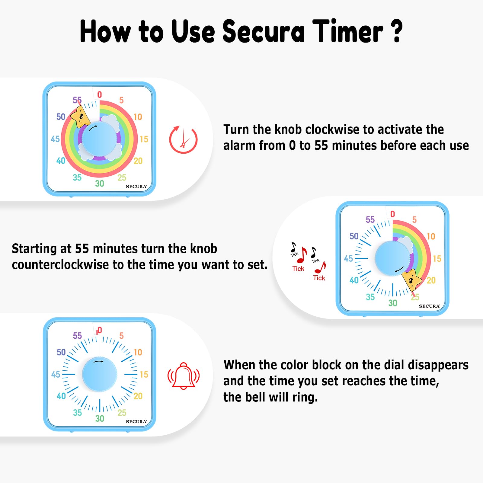 Secura 60-Minute Visual Timer, 7.5 Inch Magnetic Rainbow Countdown Timer for Classroom or Kitchen, Durable Mechanical Timer Clock with Magnetic Backing (Blue & Star)