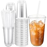 Ziliny 50 Sets Clear Plastic Cups with Lids and Straws, Disposable Iced Coffee Cups for Drinking, Cold Drinks, Juice, Smoothie, Pet Cup for Coffee Shops, Party, Christmas (18 oz)