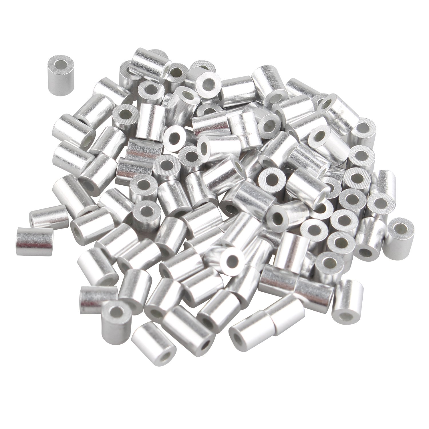 Futheda 100 pcs Aluminum Crimping Loop Sleeve Clips with Round Ferrules for 1.5mm Cable Wire Rope Silver Tone