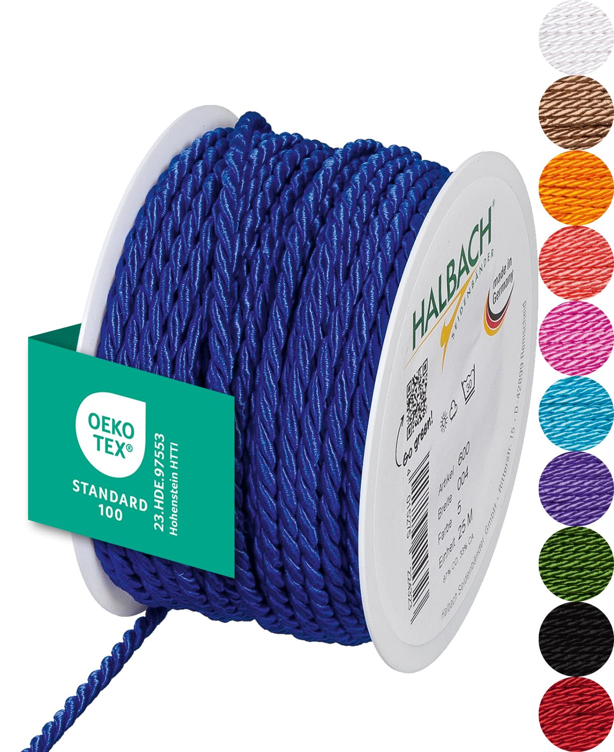 Halbach Seidenbänder Premium Cord (Blue) | Width 4 mm Length 25 m | Made in Germany & Oeko-Tex Certified | Shiny Satin Cord Made of Acetate