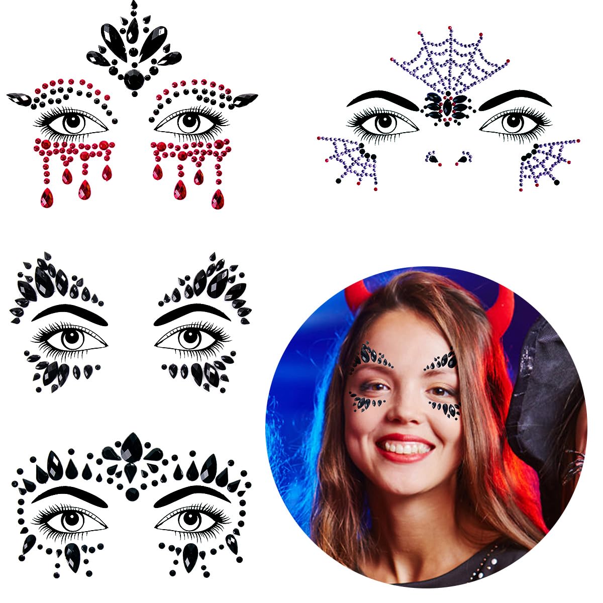 Bowitzki Halloween Face Jewels Festival Design Women Mermaid Face Gems Rhinestone Crystals Stickers Eyes Body Temporary Tattoos (4 Set A)