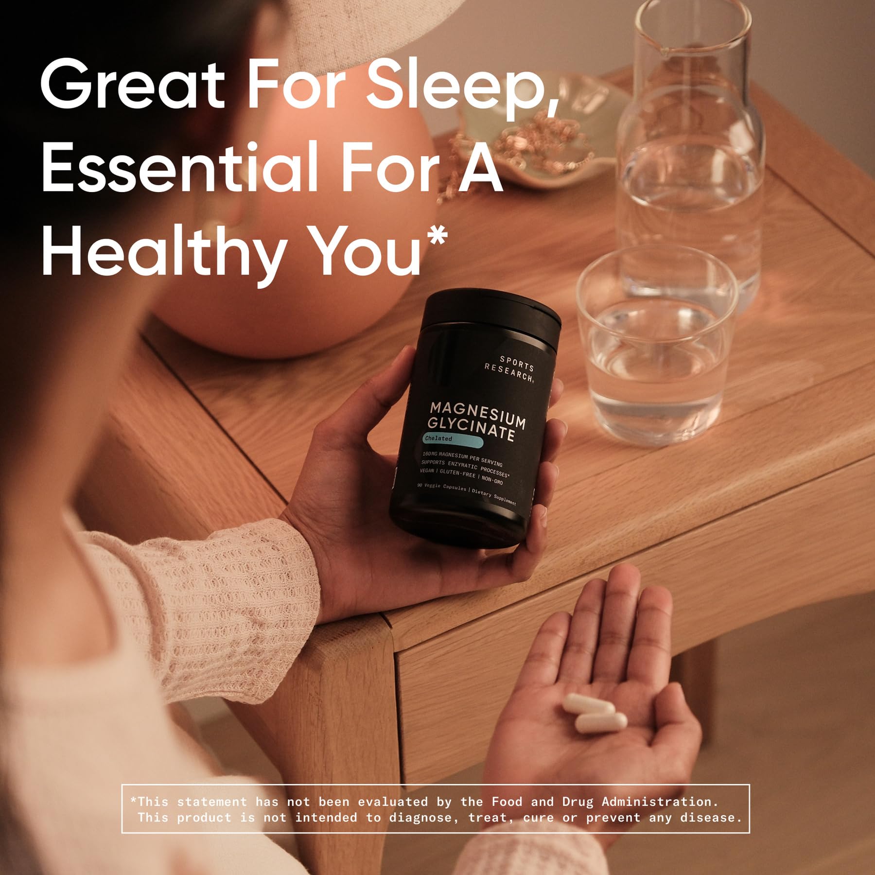 Sports Research® Magnesium Glycinate - Supports Restful Sleep & Enzymatic Processes - 160 mg Chelated Magnesium - Vegan Capsule - 180 Count
