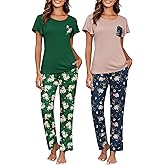 Ekouaer Pajamas for Women Set 2 Piece Comfy Loungewear, Lightweight Pjs Sleepwear, Short Sleeve Top & Long Pants with Pockets