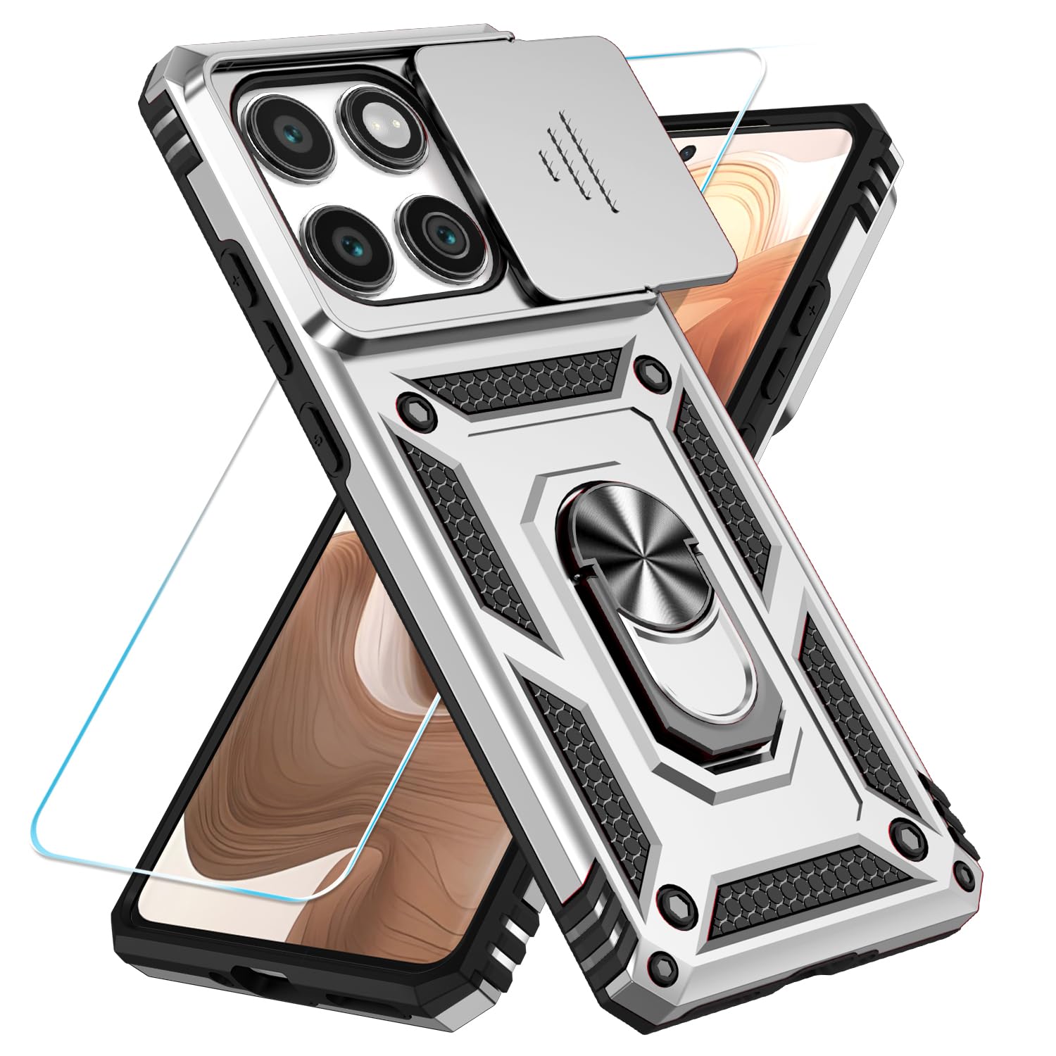 SunStory Compatible with Motorola Moto Edge 2025 Case with HD Screen Protector & Slide Camera Cover & Rotated Ring Kickstand, [Military-Grade] Phone Case for (Silver, Moto Edge 2025)