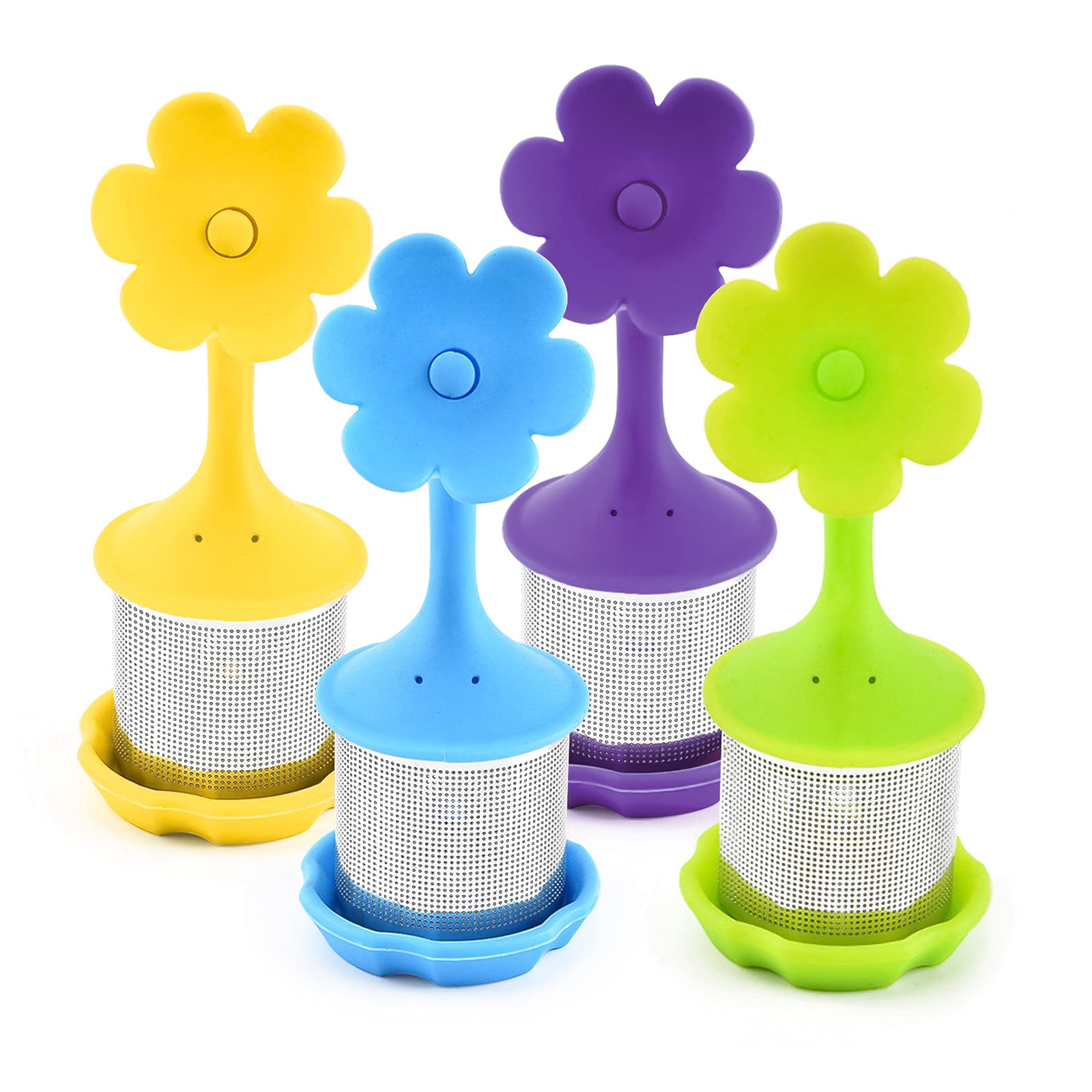 4 Pack Loose Leaf Tea Infuser with Drip Tray, Extra Fine Mesh Loose Tea Infuser Tea Steeper for Loose Tea with Silicone Lid,Stainless Steel Tea Cup Filter for Loose Leaf/Herbal Tea(4pcs,Flower D)