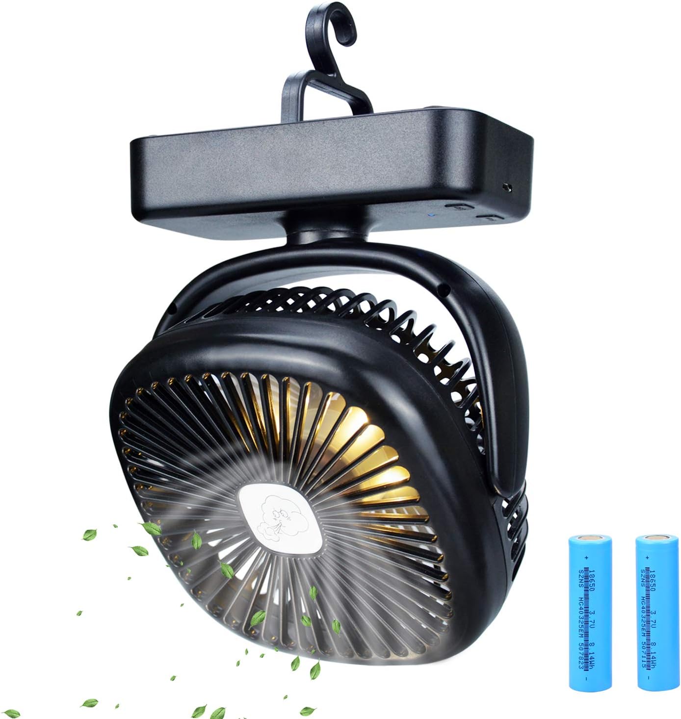TOMNEW Portable Camping Fan with LED Lights,USB or 4400 mAh Rechargeable Battery Powered, Tent Fan Lights/Personal USB Desk Fan with Hook for Camping,Hiking,Office,Bedroom and Outdoor Activities
