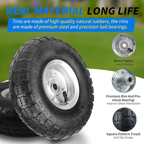 (2 PACK) RRQ 10 INCH PNEUMATIC WHEEL 4.10/3.50-4 TIRE, 10″ PNEUMATIC WHEELS WITH 5/8″ BEARINGS,2.2″ OFFSET HUB FOR GARDEN CART, HAND TRUCK, LAWN CART, MOWER
