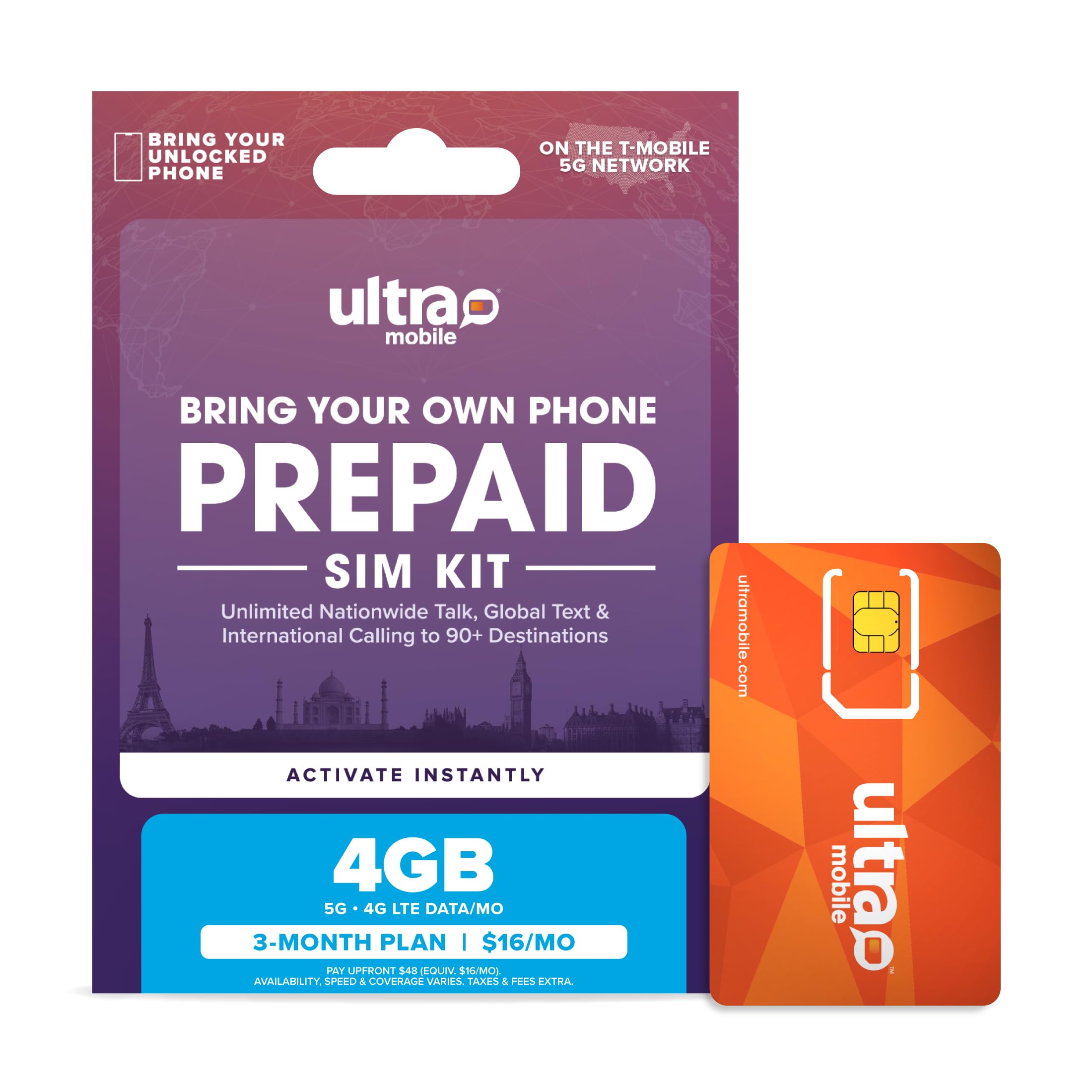 $16/mo. Ultra Mobile Prepaid Phone Plan with Unlimited Talk, Text, & 4GB of 5G • 4G LTE Data for 3 Months (3-in-1 SIM Card Kit)