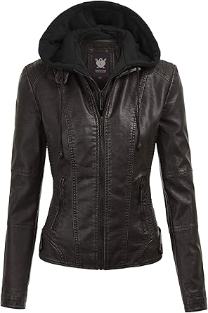 hooded faux leather moto jacket