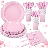 Xiangqu 175 Pcs Pink Plates and Napkins, Pink Valentines Plates Set Include Scalloped Plate Napkins Cups Plastic Spoons Forks Knives Disposable Dinnerware for Birthday, Wedding, Bridal Baby Shower