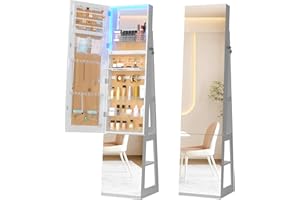 Vlsrka 360° Swivel Jewelry Cabinet with Lights, 63" H Large Capacity Jewelry Armoire with Full Length Mirror, Standing Jewelry Mirror with Storage for Jewelry, 4-in-1 design, White