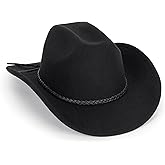 Vintage Western Cowboy Hat for Men Women - Wide Brim Cowgirl Fedora Hats with Braided Rope Band M