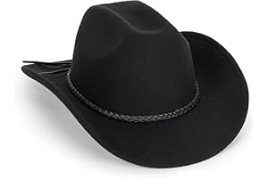 VIKODAH Vintage Western Cowboy Hat for Men Women - Wide Brim Cowgirl Fedora Hats with Braided Rope Band M