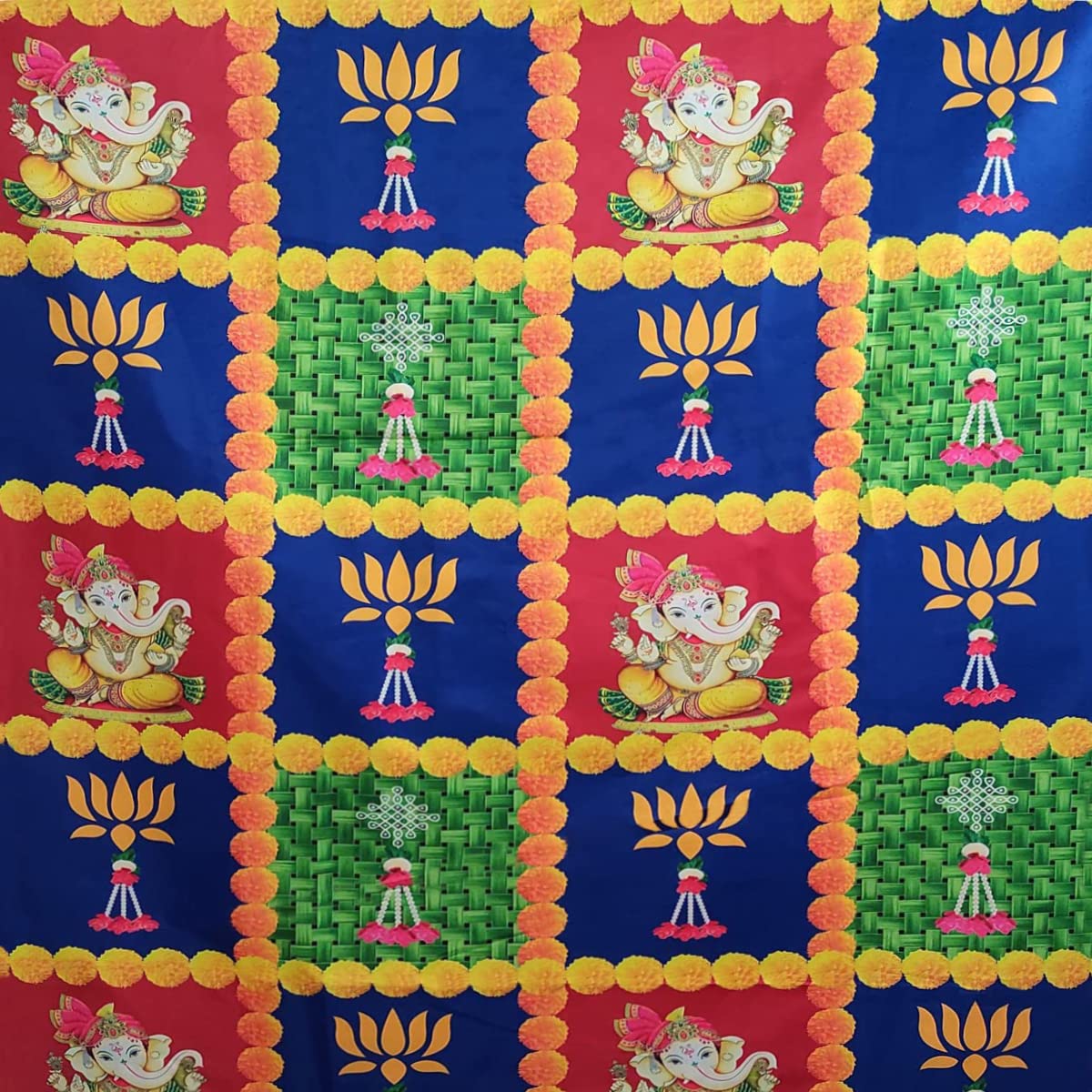 Photo 1 of SATVIK 8x5ft. Fabric Backdrop for Ganpati Pooja Pujan Décor Puja Cloth Backdrop Mehndi Diwali Festival Marigold Garland Lotus Floral Tulle Curtain Wedding Bridal Anniversary Baby Shower Wall Banner