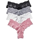 WDIRARA Women's 4 Pack Lace Bow Thong Panties V Cut Low Rise Cheeky Briefs Underwear