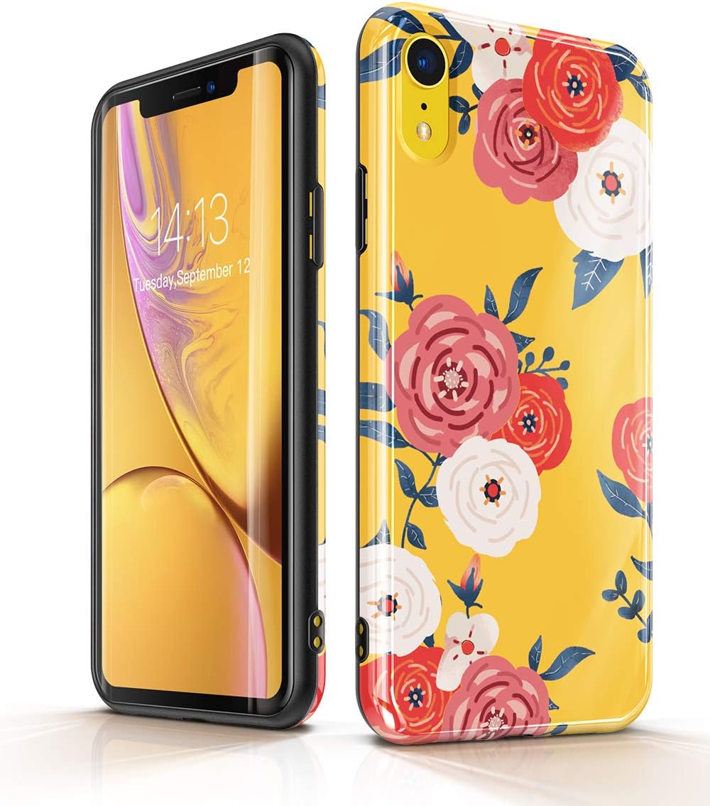 GVIEWIN Designed for iPhone XR Case with Floral Pattern, Soft TPU Protective Phone Case Cover, Ultra Slim, Anti-Slip, Bumper Shock Absorption for iPhone XR 6.1 inch(Marigold/Yellow)