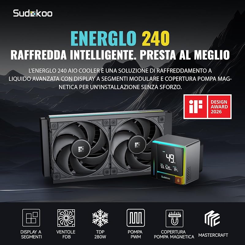 ENERGLO 240 Dissipatore Liquido 240mm: AIO 240mm con Schermo LCD a Segmenti - Raffreddamento Liquido PC con Due Ventole PWM FDB & Pompa 2500-3400 PWM, Intel LGA1851/1700/1200/115X AMD AM5/AM4