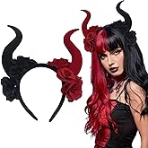 BASEMMAHER Devil Horns Headband Gothic Black Red Rose Flower Cosplay Horn Hair Hoop for Women Halloween Costume Party Carnival Dress up Hair Accessories