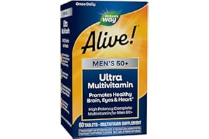 Nature's Way Alive! Men’s 50+ Daily Ultra Multivitamin, High Potency Formula, Supports Healthy Brain, Eyes & Heart*, with Methylated B12, Gluten-Free, 60 Tablets (Packaging May Vary)