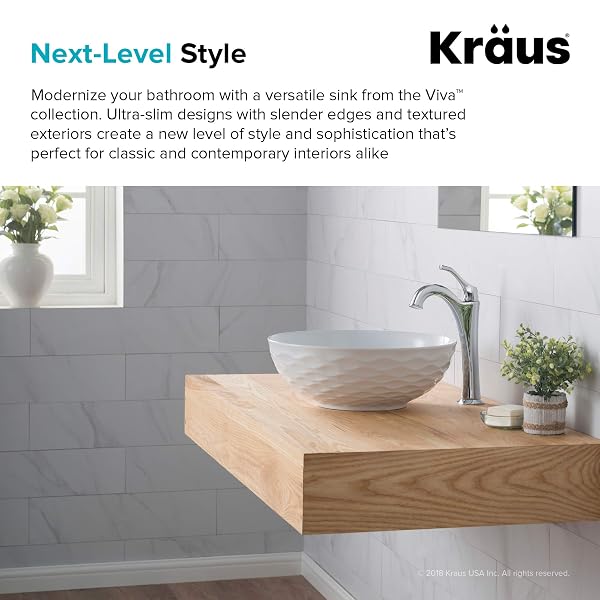 KRAUS VIVA™ ROUND WHITE PORCELAIN CERAMIC VESSEL BATHROOM SINK, 16 1/2 IN. D X 5 1/2 IN. H, KCV-200GWH