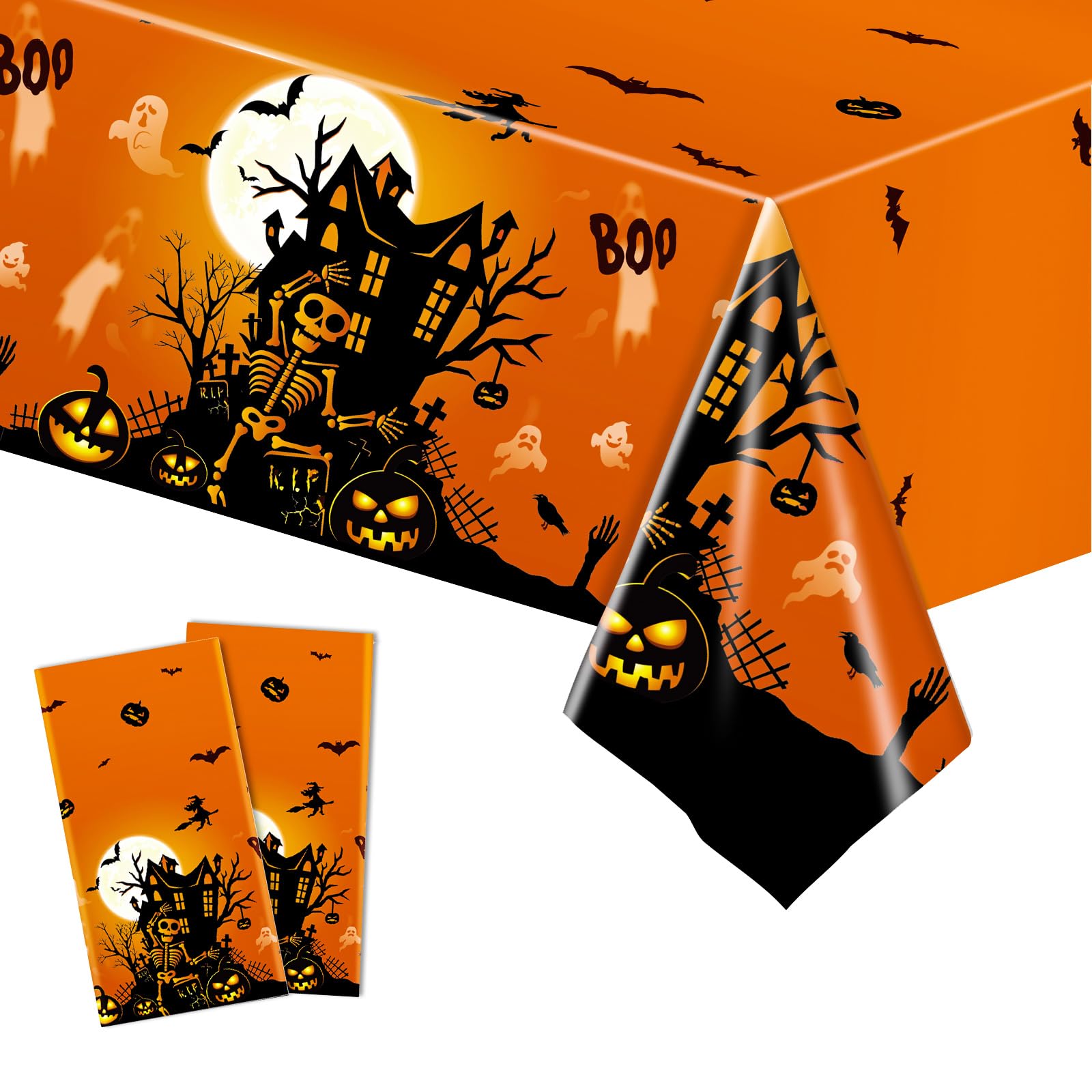 2pcs Disposable Table Cover, 137 * 274cm Rectangle Tablecloth Orange Skeleton Waterproof Tablecovers for Indoor or Outdoor Halloween Party Dinner Table Decoration — image 1