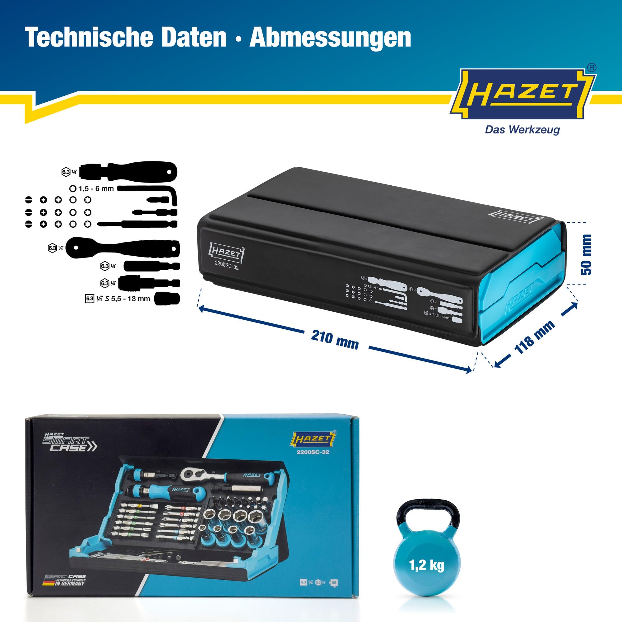 HAZET Smartcase Bit-Satz 2200SC-32 I 59-teilig, Antrieb: Sechskant 6,3 (1/4 Zoll), besonders viele Werkzeuge auf kleinstem Raum für beste Übersicht I klappbarer Werkzeug-Satz Made in Germany 6