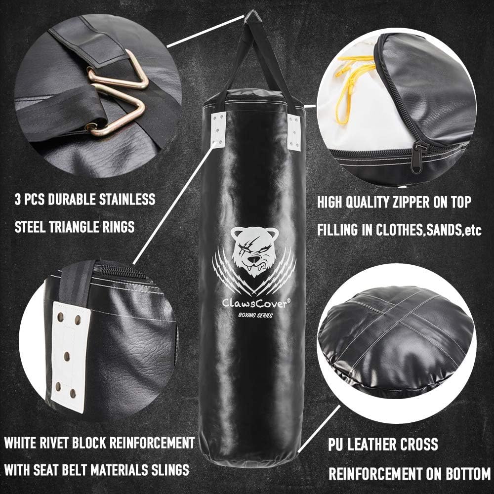 ClawsCover 4FT Heavy Punching Bag Boxing UNFILLED Premium PU Leather Hanging Kickboxing Bags Banana Bag for MMA Muay Thai Martial Arts Taekwondo Workout Training Fitness, Black : Sports & Outdoors
