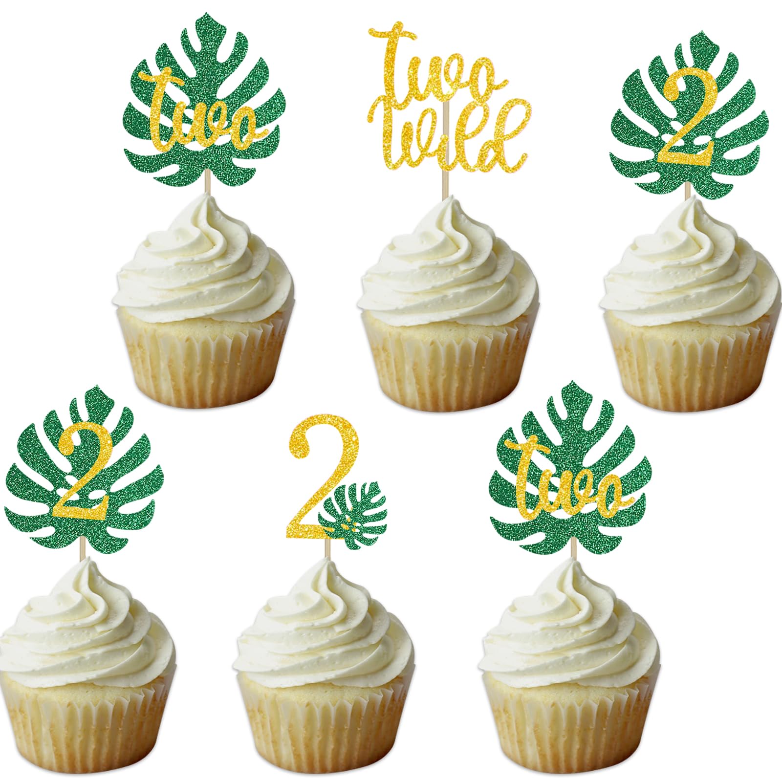 Photo 1 of Safari Two Wild Cupcake Topper 2nd Tropical Leaf Birthday Party Jungle Animals Decorations Gold 2