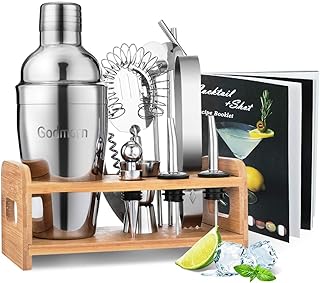 Godmorn Cocktail Set, Edelstahl Cocktail Shaker Set, 15 Teiliges Barkeeper Set mit Bessere Bambus Ständer, Rezeptbuch, Messbecher und Bar Löffel, 550 ml Cocktail Geschenk Set für Zuhause oder die Bar