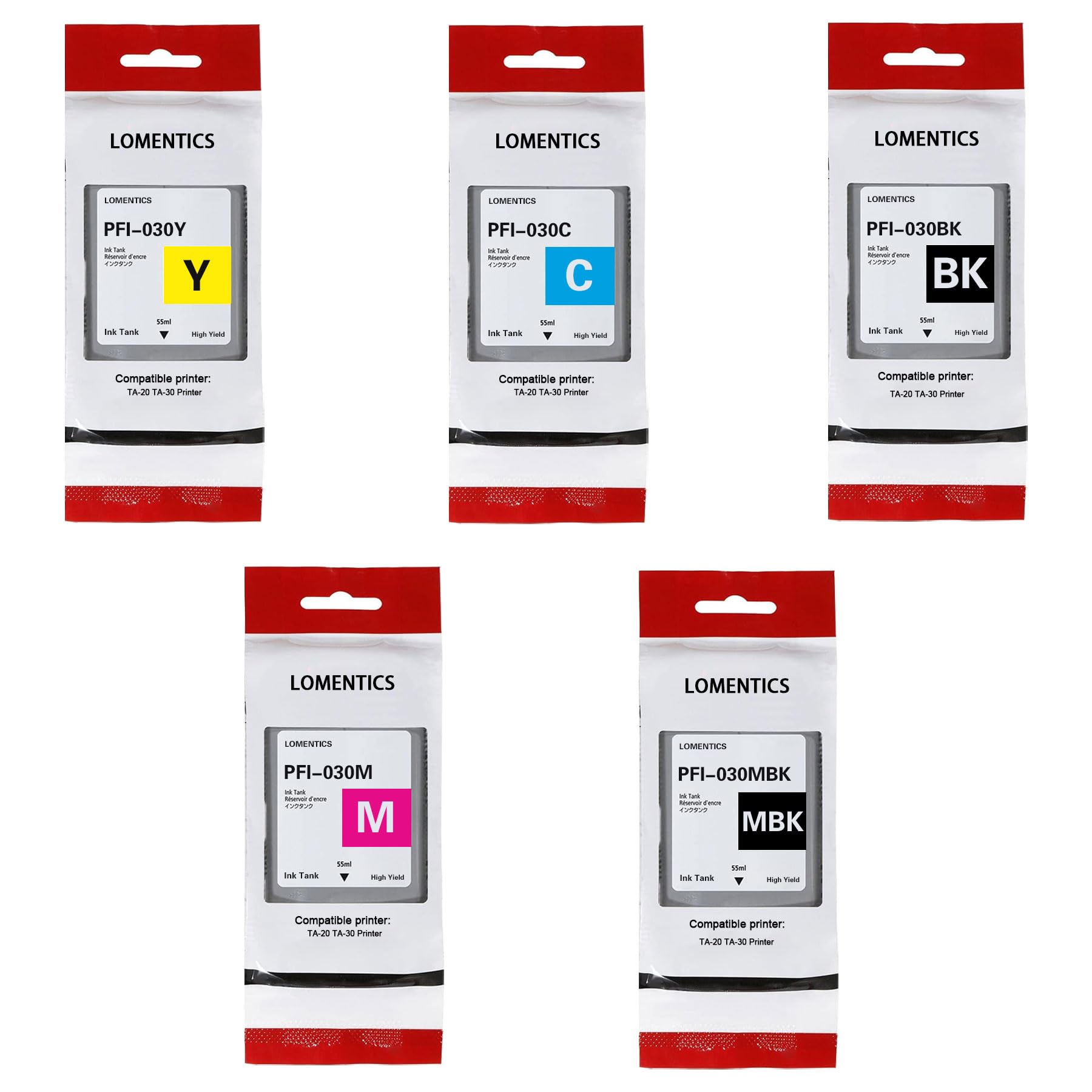 Photo 1 of PFI-030 Ink Cartridge 55-ml (5Pcs, Matte Black,Black Cyan Magenta Yellow) Lometic Compatible PFI-030MBK PFI-030BK PFI-030C PFI-030M Replacement for Canon imagePROGRAF TA-20 TA-30 TM-240 TM-340 Printer