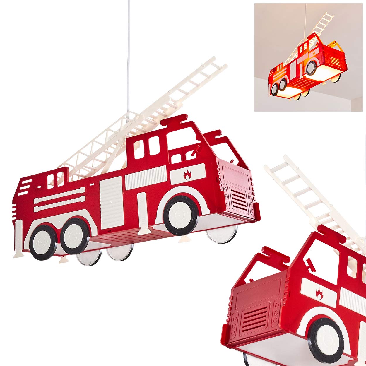 Pendant Light Praya, red fire Engine as Hanging Light Made of Plastic for the Children's Room, 2 x E27, fire Engine Hanging Light, Without Bulbs