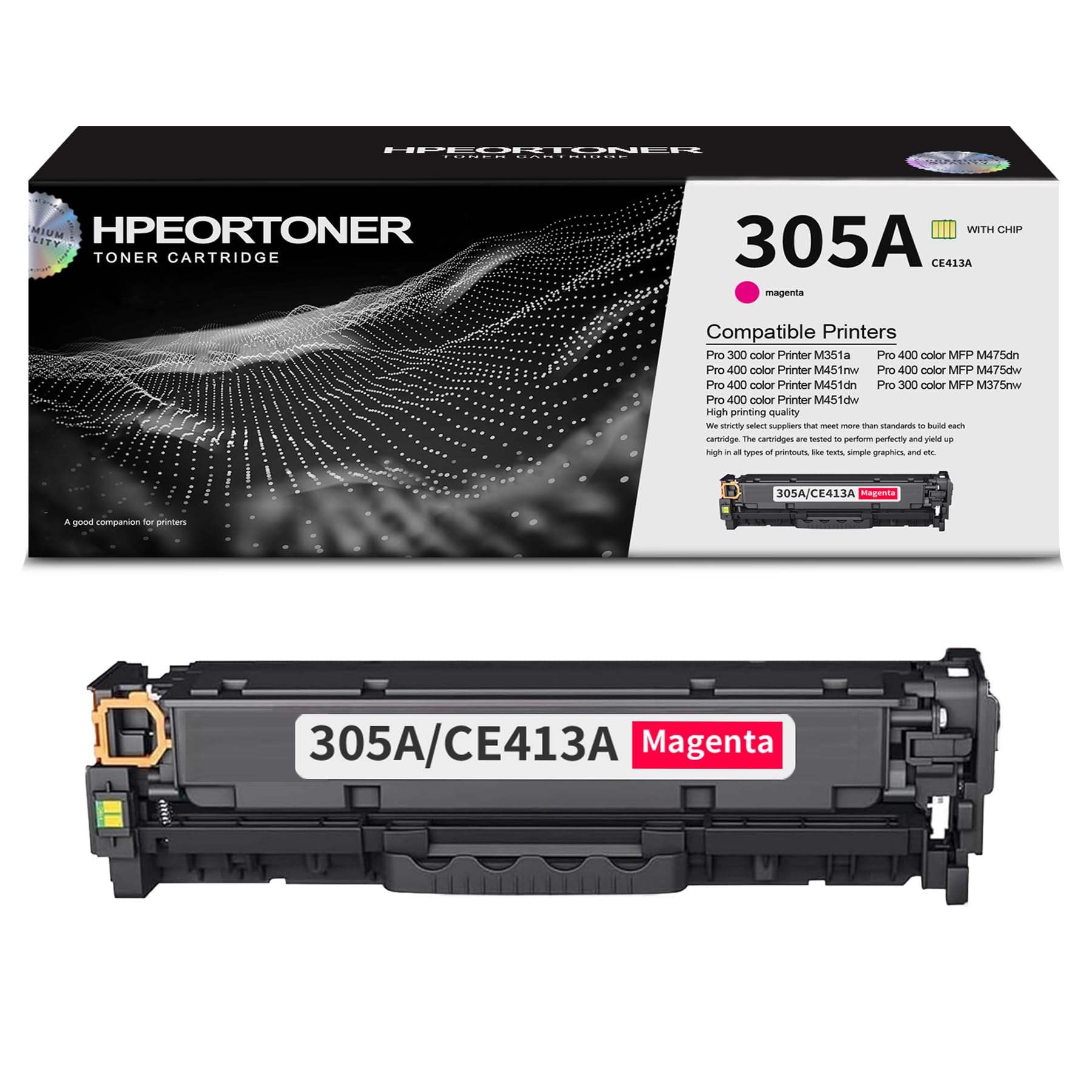 Photo 1 of 1 Pack 305A / CE413A Magenta Toner Cartridge, High Yield 2,800 Pages, Replacement for HP 305A / CE413A Color Pro 300 Color M351a MFP M375nw Pro 400 M451nw M451dn M451dw Printer