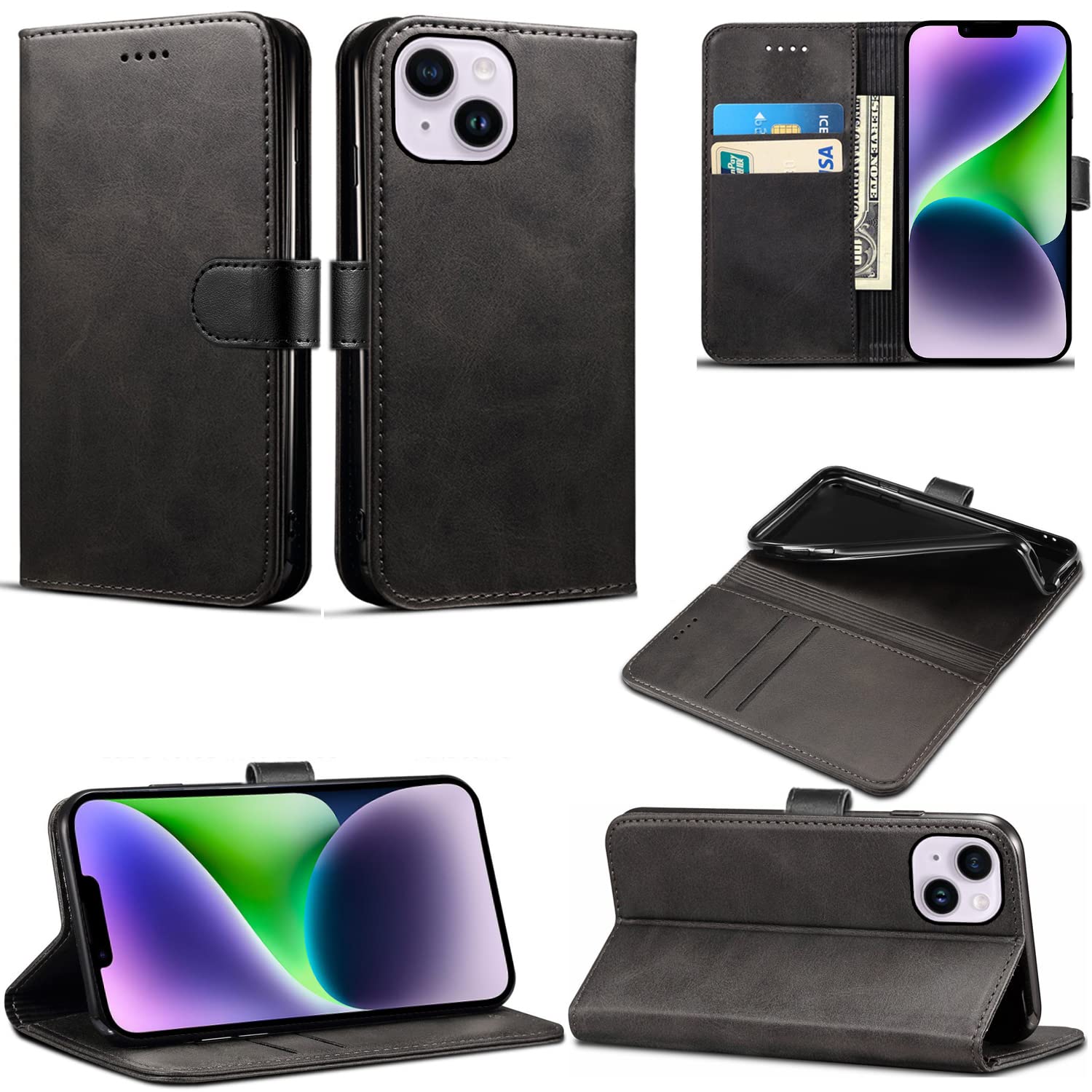 EKAM Case Compatible With iPhone 14 Leather Wallet Book Flip Folio Stand View Cover Magnetic Closure with Card Slots for iPhone 14 [6.1 Inch] (Black) — image 1