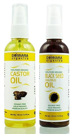 Donnara Organics 100% Pure Castor oil and Blackseed(Kalonji) oil Combo of 2 Bottles of 100 ml(200 ml)