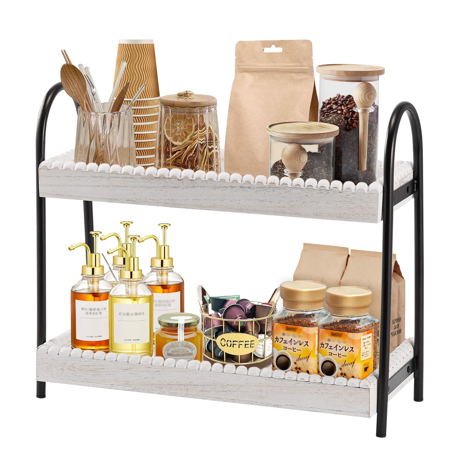 Photo 1 of 2 Tier Coffee Bar Organizer, Wood Coffee Bar Accessories Shelf for Countertop, Rustic Coffee Station Organizer Decor Stand Rack for Mugs Cups Syrup, Condiment Storage Holder for Kitchen, Home, Office