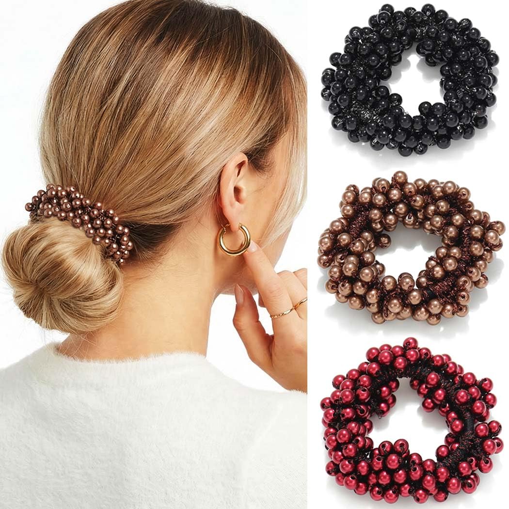 Reaky Pearl Hair Ties Black Elastic Ponytail Holders Beaded Scrunchies 3 Pcs Stretchy Hair Accessories for Women