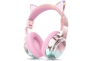 QearFun Kids Cat Ear Bluetooth Headphones, 60H Playtime, 74/85/94dB Safe Volume Limit, Metallic Gradient Wireless Headset with Mic, Fast Charging, Foldable, Wired Mode for Girls School/Tablet/Travel