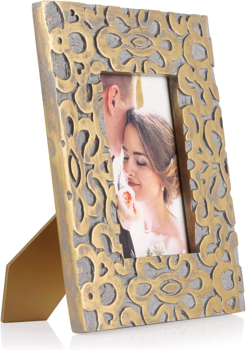 Penguin Home Handcrafted Carved mango wood photo frame 5" X 7" (13 X 18 cm) - Beautiful floral pattern - Portrait or landscape - Clear glass window - Mount to the wall or leave freestanding